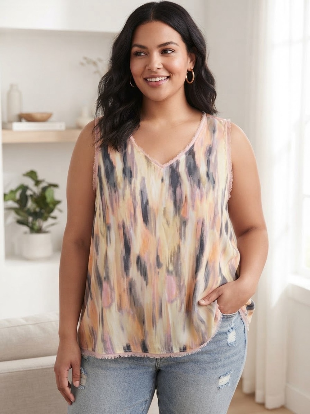 TORRID Abstract Watercolor Brushstroke V-Neck Tank Top raw edge